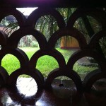 View of the courtyard through the tiles at the Instituto Cultural Oaxaca in the rain