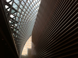 View of Kimmel Center interior with roof grid and horizontal interior wall